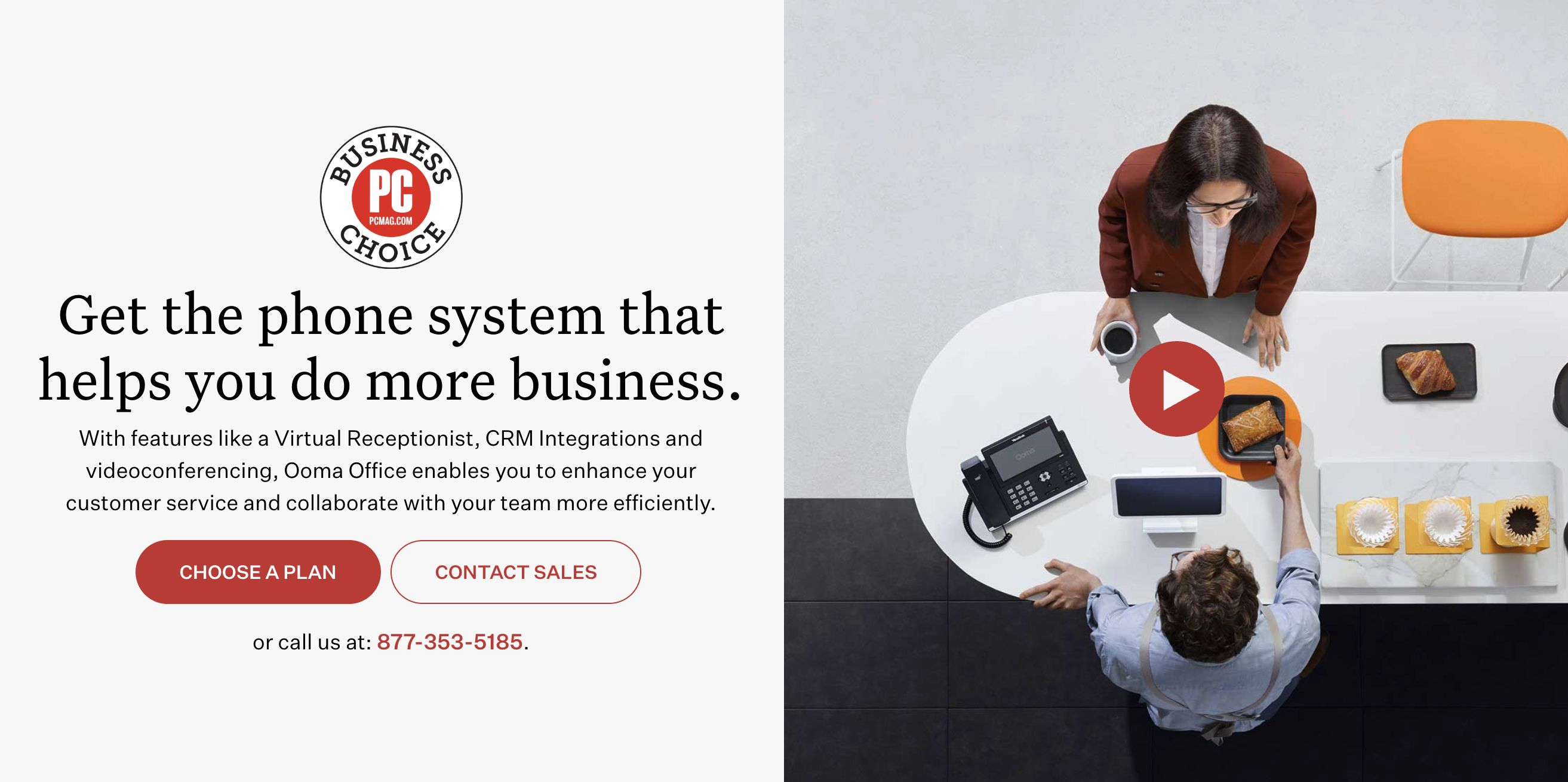 Ooma Office business phone system website featuring communication tools and a café team