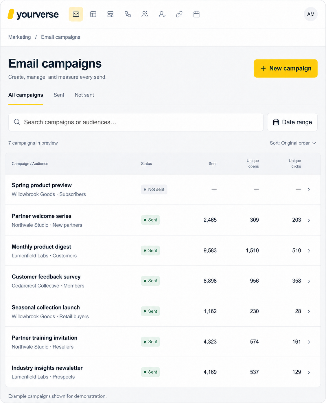 YourVerse email campaign dashboard with fictional campaigns and clients