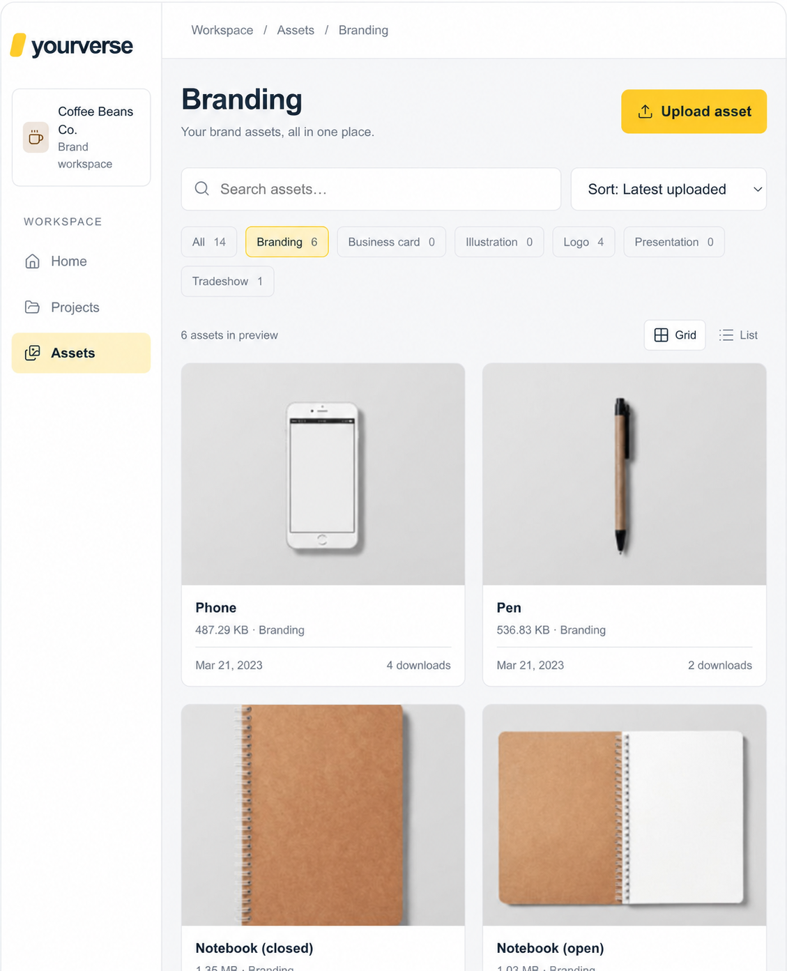 YourVerse digital asset library with searchable brand assets, categories, and download counts
