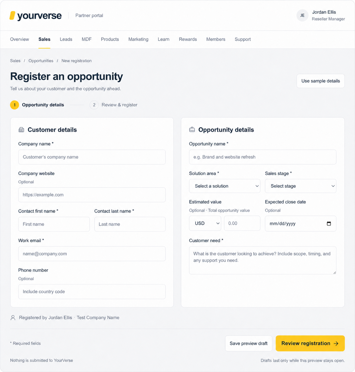 YourVerse partner portal opportunity registration form with customer and opportunity details