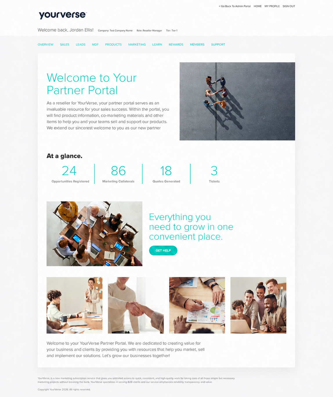 YourVerse partner portal with sample opportunity, marketing collateral, quote, and ticket counts